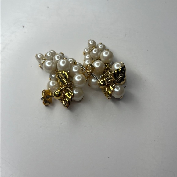 Jewelry - Elegant Gold and White Faux Pearl Earrings with gold tone leaf accents